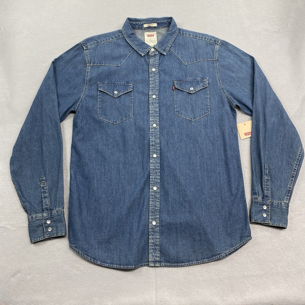 Levis Shirt Mens Large Blue Denim Pearl Snap Standard Fit Western Rodeo Cowboy